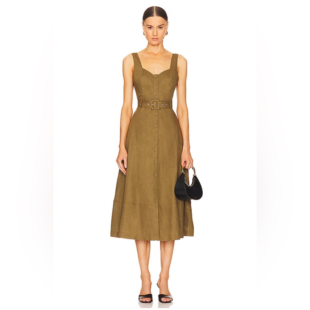 PAIGE "Arienne" midi linen-blend belted dress - size 00 military green
